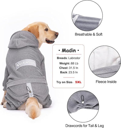 Dog Hoodies Winter Coat for Large Medium Dogs, Pullover 7 Legs Warm Coat Hooded Sweatshirt, Fleece Hoodie for Cold Weather (Grey, X-Large)