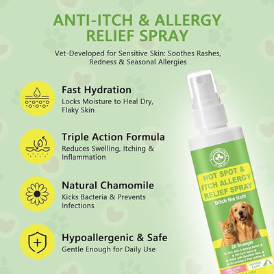 Hot Spot & Itch Relief Spray for Dogs & Cats – Itch Relief Spray with Chamomile & Oatmeal, Soothes Sensitive Skin, Scratching & Paw Licking, All Ages & Breeds, 4 oz