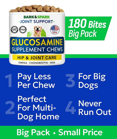 BARK&SPARK Glucosamine Treats for Dogs - Complete Hip and Joint Supplement for Dogs w/Glucosamine, Chondroitin, MSM - Mobility, Flexibility & Comfort Aid - All Breeds & Ages - 180Ct