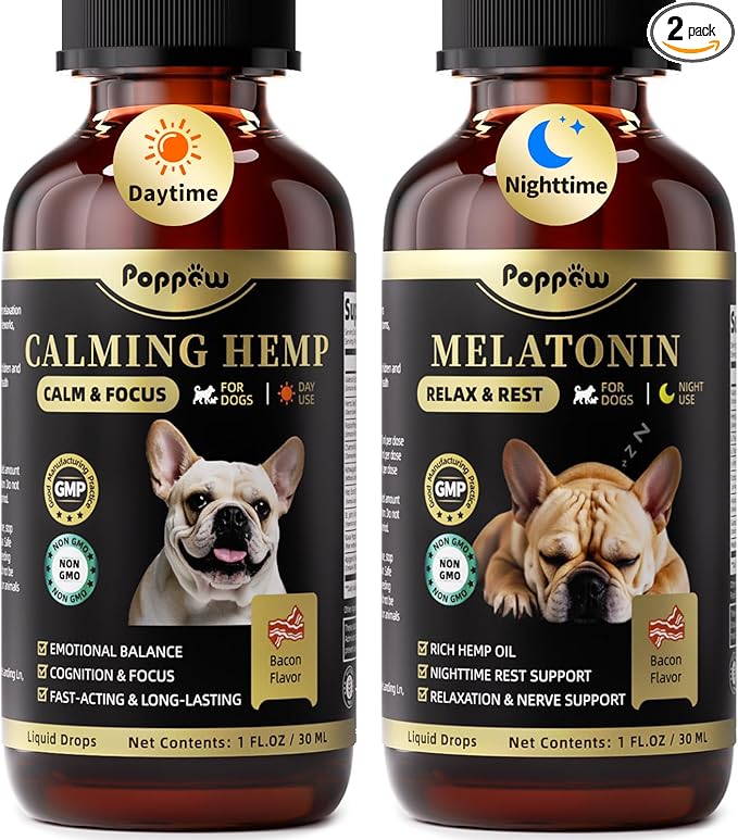 Calming Melatonin Drops for Dogs, Day & Night Dog Calming Treat for Anxiety, Separation, Stress, Travel, Relaxation & Sleep Support, Bacon Flavor, 2 Fl Oz