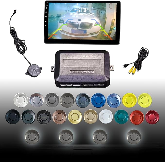 Car Reverse Parking Sensor Kit with Display on Vehicle Multimedia LCD Screen 26 Colors Sensor Heads Easy Installation Advanced Panking Sensor Kit for Safe Parking and Maneuvering（Darkgrey）