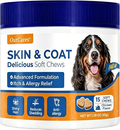 Omega 3 Fish Oil Soft Chews for Dogs — Allergy & Itch Relief, Skin and Coat Supplement for Shedding, Dry Skin, Hot Spots — EPA DHA, Wild Alaskan Salmon Oil — Chicken Flavor（Tester - 15Ct ）