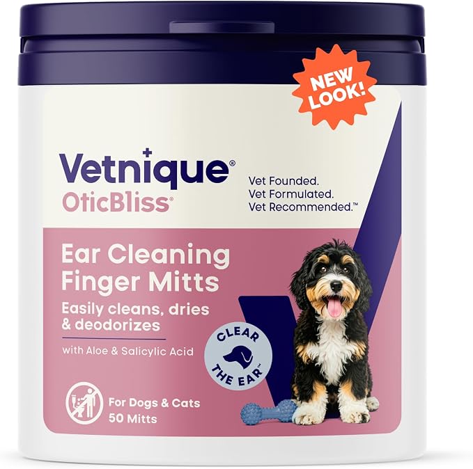 Oticbliss Dog Ear Wipes, Cat & Dog Finger Mitt Ear Cleaner, Cleaning & Deodorizing Wipes for Dogs, Cats & Puppies, Remove Ear Wax, Dirt & Odor, Aloe for Itchy Ears (Fingermitt Wipes)