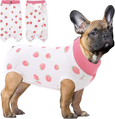 SAWMONG Recovery Suit for Dogs Female Male Zipper, Pink Strawberry Dog Onesie Body Suit After Surgery Spay Neuter, Cotton Breathable Dog Surgical Suit Pet, Substitute Dog E-Collar Cone, S