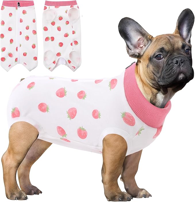 SAWMONG Recovery Suit for Dogs Female Male Zipper, Pink Strawberry Dog Onesie Body Suit After Surgery Spay Neuter, Cotton Breathable Dog Surgical Suit Pet, Substitute Dog E-Collar Cone, M