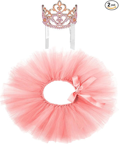 2 Pcs Dog Crown Headband Dog Tutu Dress Set Crystal Rhinestone Tiara Crown Tutu Skirt Pet Dress Costume for Puppy Birthday Party Wedding Photo Prop Costume