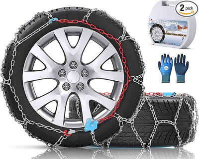 Snow-Chains Auto Fixing 1 Min Quick Fit Easy Installation Tire-Chains, Gifts for Safety, Portable Reusable Universal Emergency Tire Traction Chain for Passenger Car and SUV - Set of 2 (XM-120)