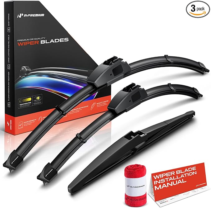 A-Premium 21"+18"+11" Windshield Wiper Blades with Wear Indicator & Towel | Compatible with Toyota Matrix 2003-2008, Front Rear Wipers Blade Set for Hook/RL2 Arm Connector, Pack of 3