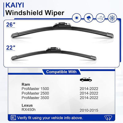KAIYI 26" + 22" Windshield Wipers Compatible with Ram ProMaster 1500/2500/3500 2014-2022,Lexus RX450h 2010-2015 Premium Automotive Replacement Windshield Wiper Blades 2 Pack