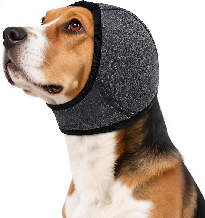 Calming Hoodie Dog Ear Covers Waterproof,No Shake Hematomas Ear Wraps for Dogs,Adjustable Anxiety Relief Head Wrap Muffs Noise Cancelling Protector for Fireworks/Grooming/Bathing/Swim,Grey,L