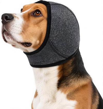 Calming Hoodie Dog Ear Covers Waterproof,No Shake Hematomas Ear Wraps for Dogs,Adjustable Anxiety Relief Head Wrap Muffs Noise Cancelling Protector for Fireworks/Grooming/Bathing/Swim,Grey,L