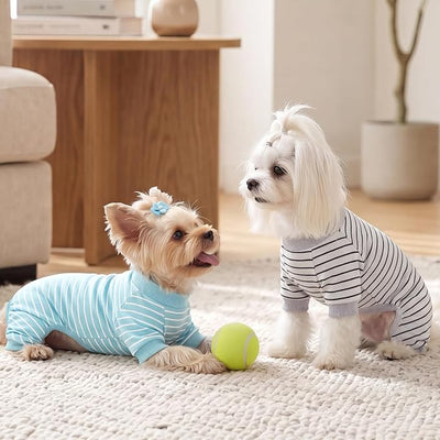 XPUDAC 4 Pack Dog Pajamas Striped Dog Clothes for Small Medium Dogs Girl Boy Comfy Puppy Outfit Doggy Jammies Onesie Pet Costume, Blue, Grey, Green, M