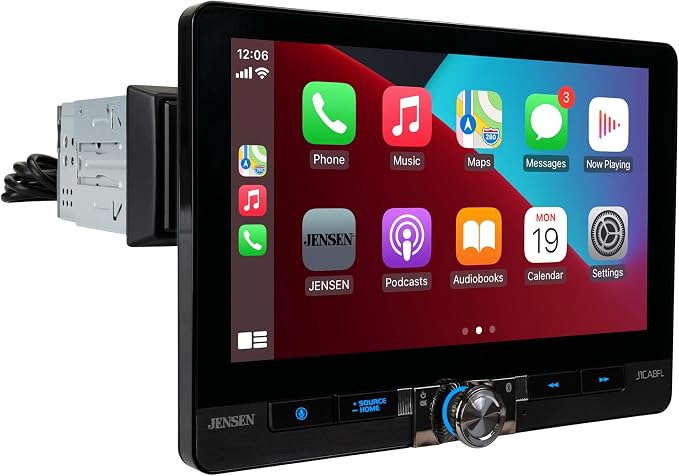 Jensen J1CA8FL 8" Wireless Apple CarPlay Android Auto Single/Double DIN | Fits single or double DIN, wired or wireless Certified Apple CarPlay plus Android Auto, front and rear camera inputs, USB