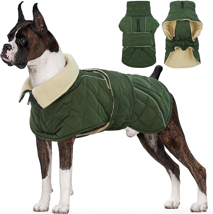 Dog Winter Coat Waterproof Dog Snow Jacket, Warm Fleece Lined Pet Turtleneck Snowsuit Puppy Cold Weather Coats with Harness Hole, Adjustable Winter Vest for Medium Large Dogs, Green, L
