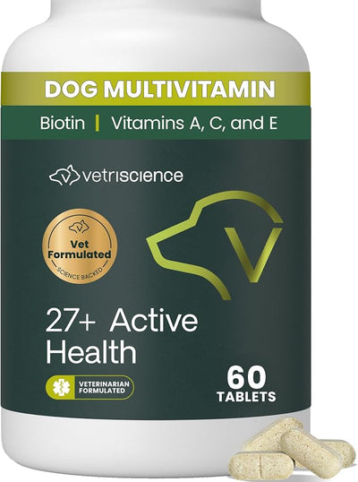 VetriScience Senior 27+ Active Health Chewable Tablets, Canine Plus Daily Multivitamin for Senior Dogs, Balanced Vitamins, Minerals and Antioxidants, Aging and Wellness Support, Veggie, 60 Servings