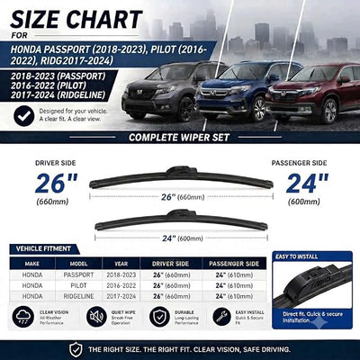 AERO Voyager 26" + 24" Windshield Wipers, Replacement for Honda Passport 2023-2018 & Pilot 2022-2016 & Ridgeline 2024-2017, Premium All-Season Wiper Blades with Extra Refills + 1-Year Warranty
