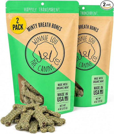 Winnie Lou Organic Dog Treats – Natural Dog Biscuits, USA Made, Organic Ingredients, Clean, Sensative Stomach, All Breed Sizes, High Protein, Hypoallergenic, Minty Breath Bones (Pack of 2)