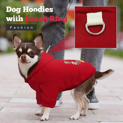 ABRRLO Small Dog Hoodie Clothes Red Christmas Dog Outfit Warm Fleece Dogs Sweater for Small Dogs Cat Boy Girl Cute Puppy Sweatshirt with Leash D Ring Xmas Doggy Costume Chihuahua Yorkie Shihtzu(Red,S)