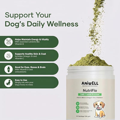 NutriFlo Dog Vitamins & Supplements – 10-in-1 Dog Multivitamin for Gut Health, Hip & Joint, Immune Support, Skin & Coat, Dental Health & Longevity | Daily Dog Supplement for All Breeds
