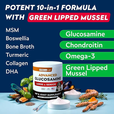 Senior Advanced Glucosamine Joint Supplement for Dogs - Green Lipped Mussel & Collagen - Large Breeds - Hip & Joint Health - Bacon Flavor - 120 Chews