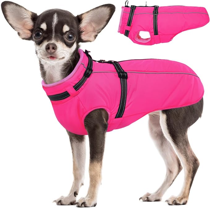 Dog Winter Coat Waterproof Dog Jacket with Harness Built in Windproof Reflective Pet Coats for Small Medium Large Dogs, Thermal Fleece Lined Coats for Cold Weather Walking Hiking, Shih Tzu, S