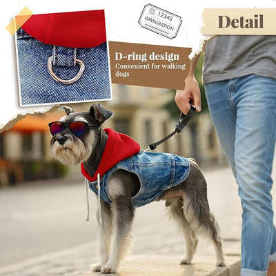 Cool Dog Jean Jacket Vest with D-Ring Blue Denim Dogs Hoodies Outfits for Small Medium Dogs Cats Boy Male Dog Clothes Costume Dogggie Puppy Harness Coat for Frenchie Walking(Red Hat,L)