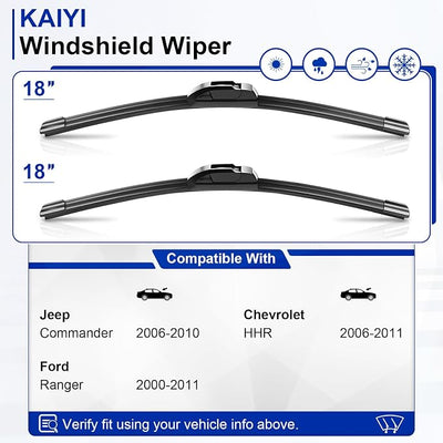 KAIYI 18" + 18" Windshield Wipers Compatible with Jeep Commander 2006-2010,Ford Ranger 2000-2011,Chevrolet HHR 2006-2011 Premium Automotive Replacement Windshield Wiper Blades 2 Pack