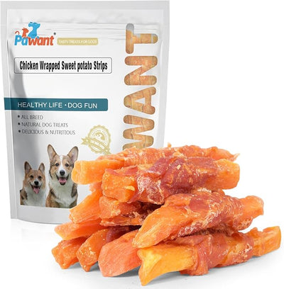 Chicken Wrapped Sweet Potato Dog Treats, Soft Chews Puppy Training Snacks, Grain Free High Fiber Digestive Support Sticks, 16 Ounces
