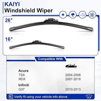 KAIYI 26" + 16" Windshield Wipers Compatible with Acura TSX 2004-2008,RDX 2007-2018,Infiniti G37 2010-2013 Premium Automotive Replacement Windshield Wiper Blades 2 Pack