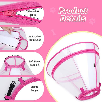 Dog Cone to Stop Licking, Clear Recovery Collar with Detachable Zipper, Sturdy Elizabethan Collar for Large Medium Small Dogs, Soft Adjustable Cone After Surgery Patented, Hot Pink M