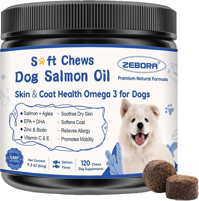 Salmon Oil for Dogs Skin and Coat - Omega 3 6 9 Fish Oil Soft Chews for Dogs Itchy Skin Relief - Dog Fish Oil Supplements EPA DHA Rich with Vitamins C & E - Allergy Relief & Shedding, 120 Ct