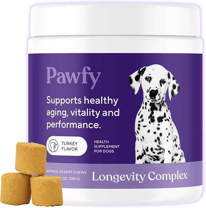 Pawfy NMN Longevity Dog Chews with Fucoidan & CoQ10 | Senior Dog Supplement for Joint, Brain, Eye & Energy Support | Daily Healthy Aging Formula | 30 Soft Chews (Turkey)