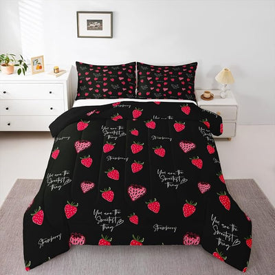 Erosebridal Kawaii Strawberry Comforter Set, Queen Size, Cute Strawberries Quilted Comforter for Kids & Adults, Soft Microfiber Bedding Set, Red & Black