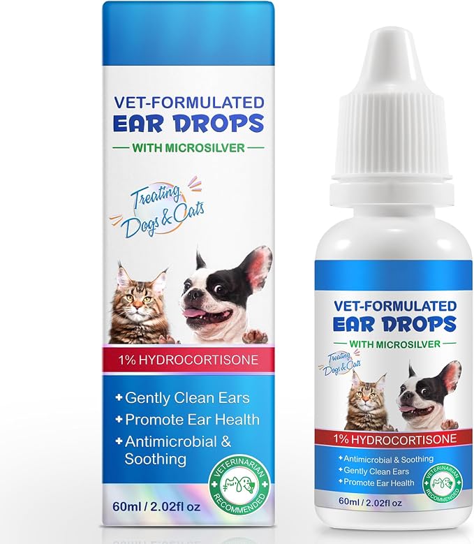 Cat&Dog Ear Infection Treatment Drops - Dog Ear Infections with 1% Hydrocortisone - Dog Ear Infection Treatment, Antiseptic Ear Cleaner for Cat & Dog Ear Cleaning Solution 2fl oz