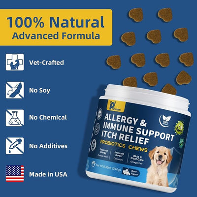 Dogs Allergy Relief Chews, Dog Probiotics for Skin & Immune Support Helps Relieve Itchy Skin & Ear, Dog Allergy Supplement for Paw Licking, Itching Skin Relief with Colostrum, Fish Oil(Beef)
