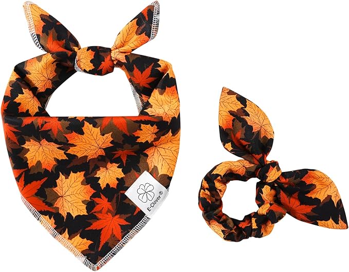 Fall Dog Bandana & Scrunchie Set - Thanksgiving Pet Scarf Kerchief Bibs for Medium Large Dogs - Maple Leaves