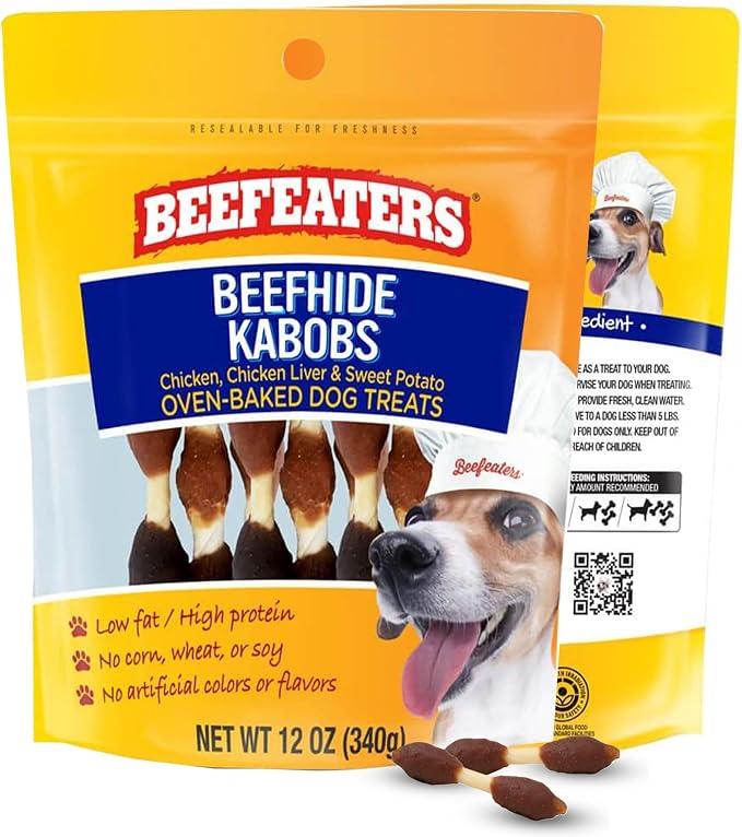 Beefeaters Triple Flavor Beefhide Kabobs 12oz, Dog Treats with Real Chicken, Liver & Sweet Potato – Long-Lasting Dog Kabob Treats for Chewing, Dental Support*, Flavor-Packed Treats - Training Rewards