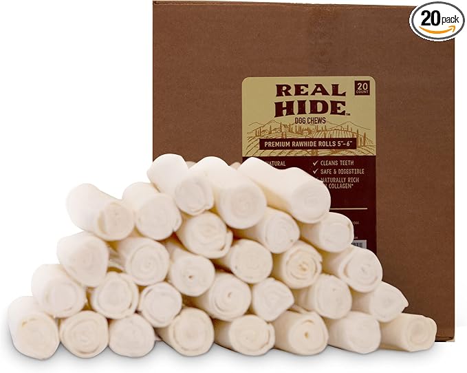 All Natural Dog Chew Treats - Premium Rawhide Rolls, 9-10 Inch - Long Lasting Grass Fed Free Range Beef Hide - Medium/Large Dogs - 20 Count