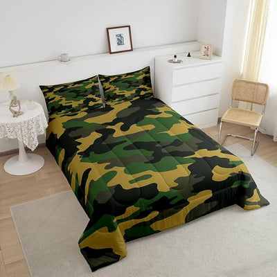 Camouflage Comforter Set Queen Size, Kids Teens Camo Clothing Down Comforter, Army Lightweight Bedding Comforters for Boys Adult Men Bedroom, Vintage Style Quilted Duvet with 2 Pillow Cases