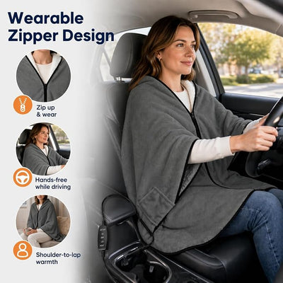 Sojoy 12V Heated Car Blanket with Zipper Wearable Design, Flannel Sherpa Electric Blanket for Car Truck SUV RV Van, Portable Heated Shawl, Dark Gray