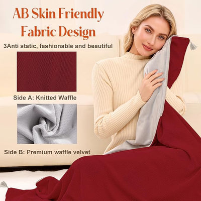 USB Portable Heated Electric Blanket - Cordless Heated Throw Blanket for Outdoor with 3 Heating Levels-Wearable Shawl for Travel,Camping,Bed-Winter Gifts for Women(Battery Not Included) (Dark Red)