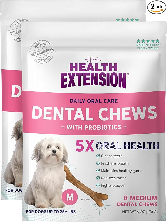 Health Extension Probiotic Dental Bones for Dogs, 8 Medium Bones, Cleans Teeth, Healthy Gums, Freshens Breath, Training or Reward, 6 oz Bag (Pack of 2)