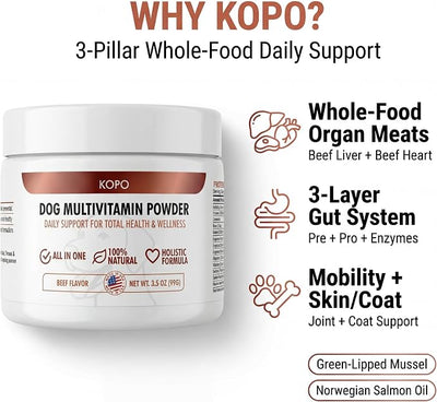 Kopo Dog Multivitamin Powder | Supports Heart, Daily Vitality, Immune Health, Digestion, Skin & Coat and Hip & Joint | for Puppy, Adult & Senior Dogs | Beef Liver Flavor | All Breeds Sizes