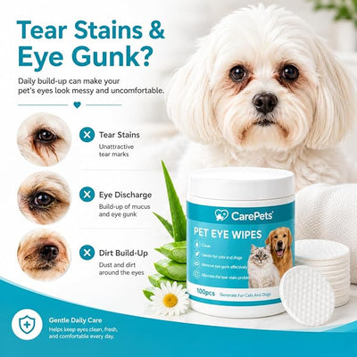 Eye Wipes, 100 Count Pet Tear Stain Cleaning Pads for Dogs and Cats, Gentle Textured Eye Area Wipes with Aloe Vera and Chamomile, Fragrance Free (3) | Gentle Textured Eye Wipes