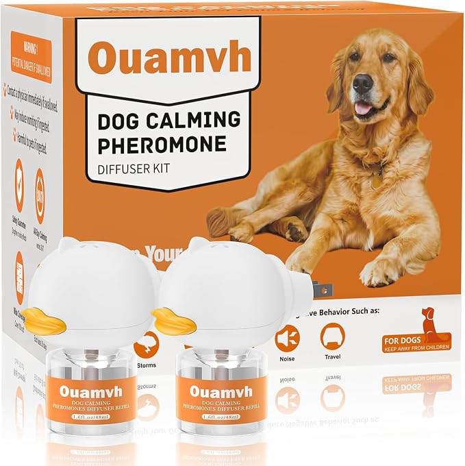 Dog Calming Diffuser, 4 in 1 Puppy Pheromones Calming Diffuser, Relaxing Pheromone Plug in Kit for Dogs Relief Stress Anxiety Fighting Scratching Peeing Accidents, 2 Diffuser 2 Refill(48ml)