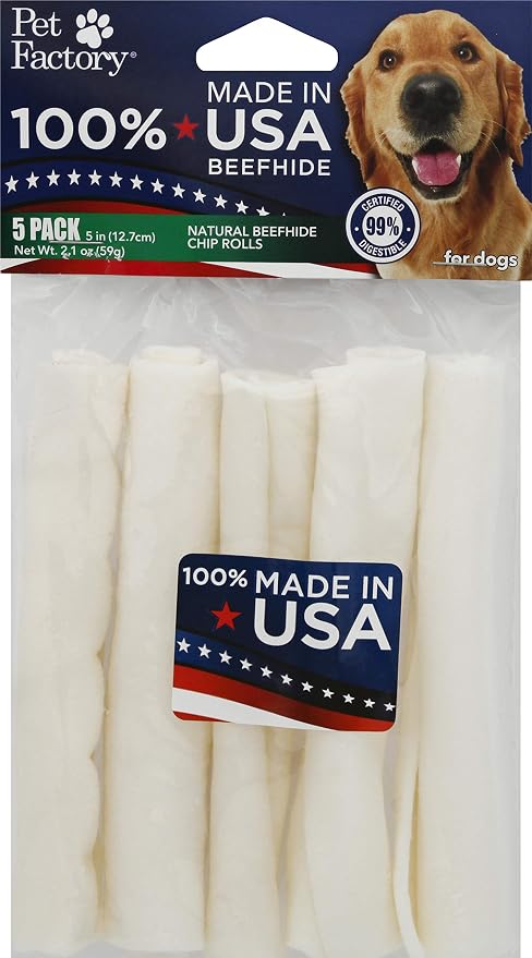 100% Made in USA Beefhide 5" Chip Rolls Dog Chew Treats - Natural Flavor, 5 Count/1 Pack