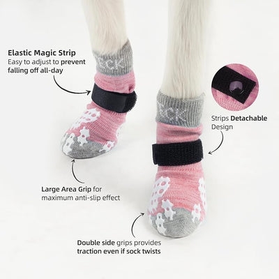 PUPTECK Anti-Slip Dog Socks with Double Sides Grips for Small Medium Large Dogs Hardwood Floors Prevents Licking, Dog Shoes for Hot Pavement Traction Control Paw Protector for Senior Dogs, Pink L