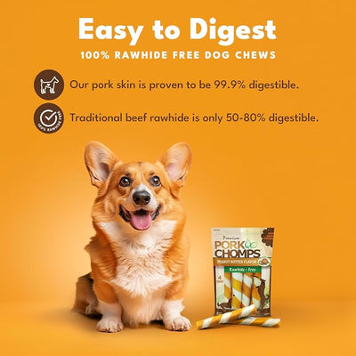 Pork Chomps Baked Pork Skin Dog Chews, 6 Inch Twists, 4 Count - Peanut Butter Wrap - Long-Lasting Treats for Dogs - High Protein, Rawhide-Free, Low Fat, Healthy & Delicious Chews