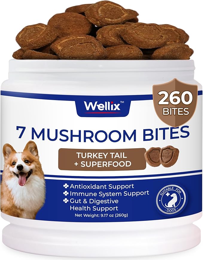 260 Bites Turkey Tail Mushroom for Dogs - Immune, Gut, Skin, Joint Health Mushroom Supplement for Dogs - Turkey Tail for Dog Chews with All Breeds & Sizes - Chicken Flavor Dog Supplements