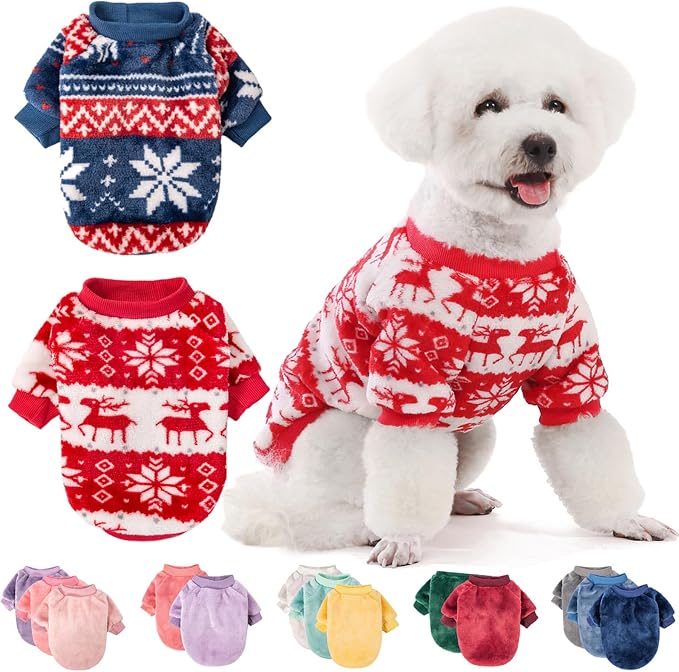 Christmas Dog Sweater, 2-Pack Dog Clothes, Ultra Soft and Warm Pet Jackets for Small Dogs & Cats, Winter Pet Apparel Costumes, Puppy Outfits (Red,Blue, Medium)